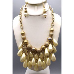 Vintage Classy Messy Bib Necklace and Married Pearl Drop Earrings, Gold Tone